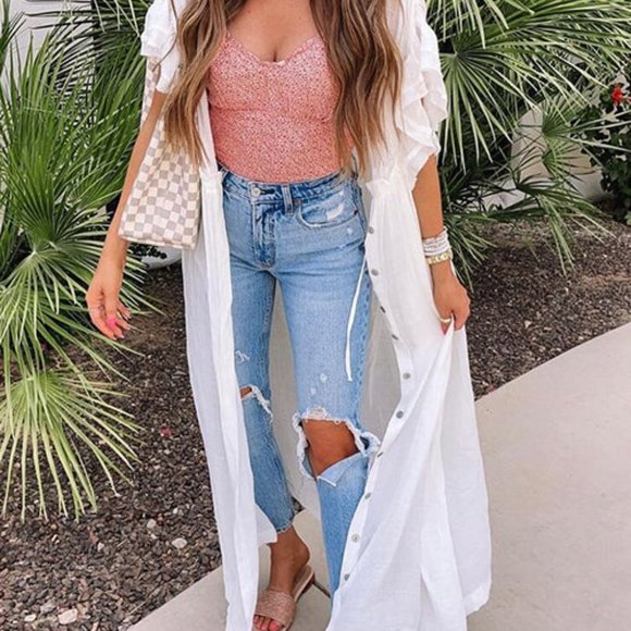 White Boho Plunge V Neck Maxi Dress - Picture 6 of 9